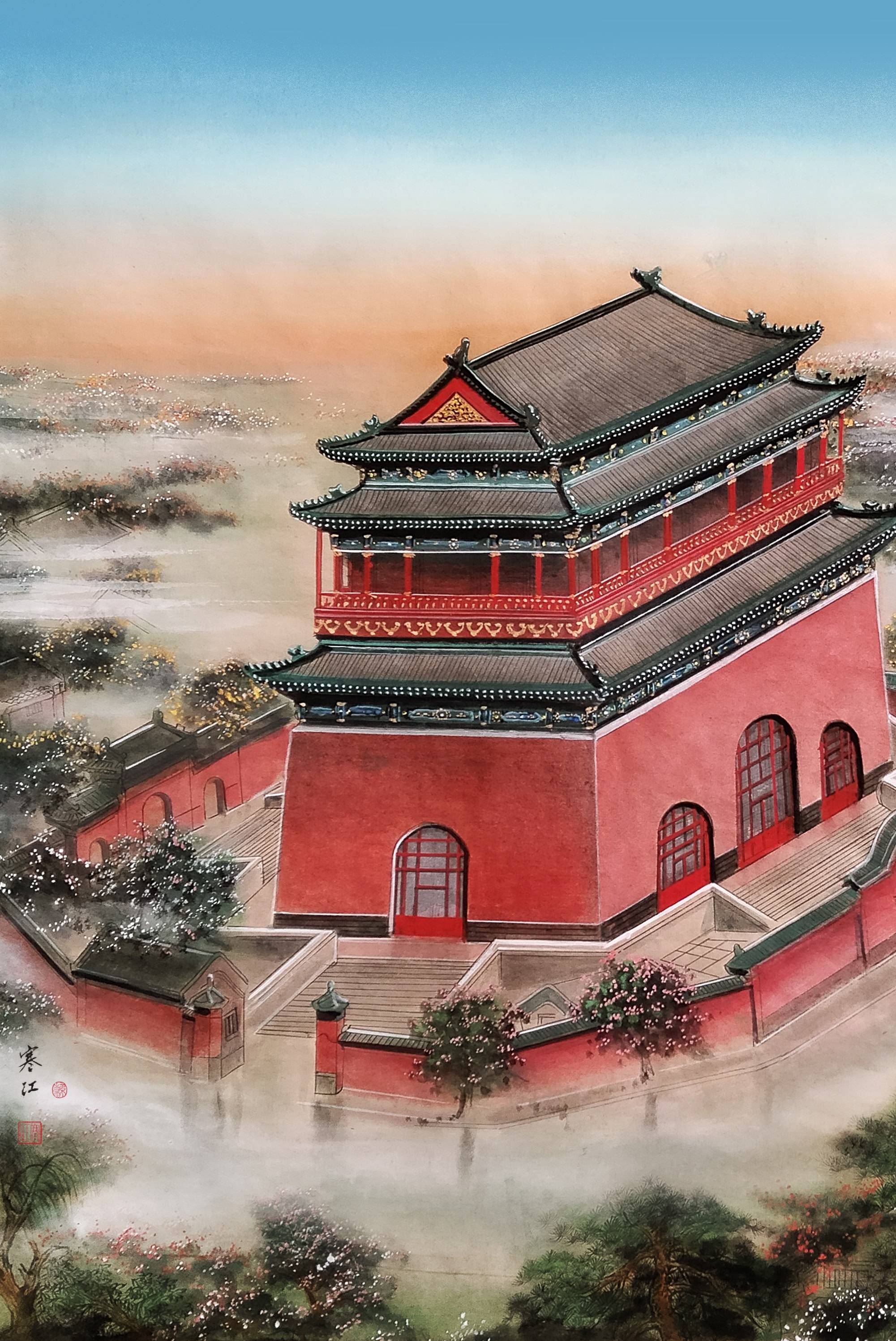 界画寒江---工笔界画《老北京》系列:北京中轴线《鼓楼》,尺寸:67x67