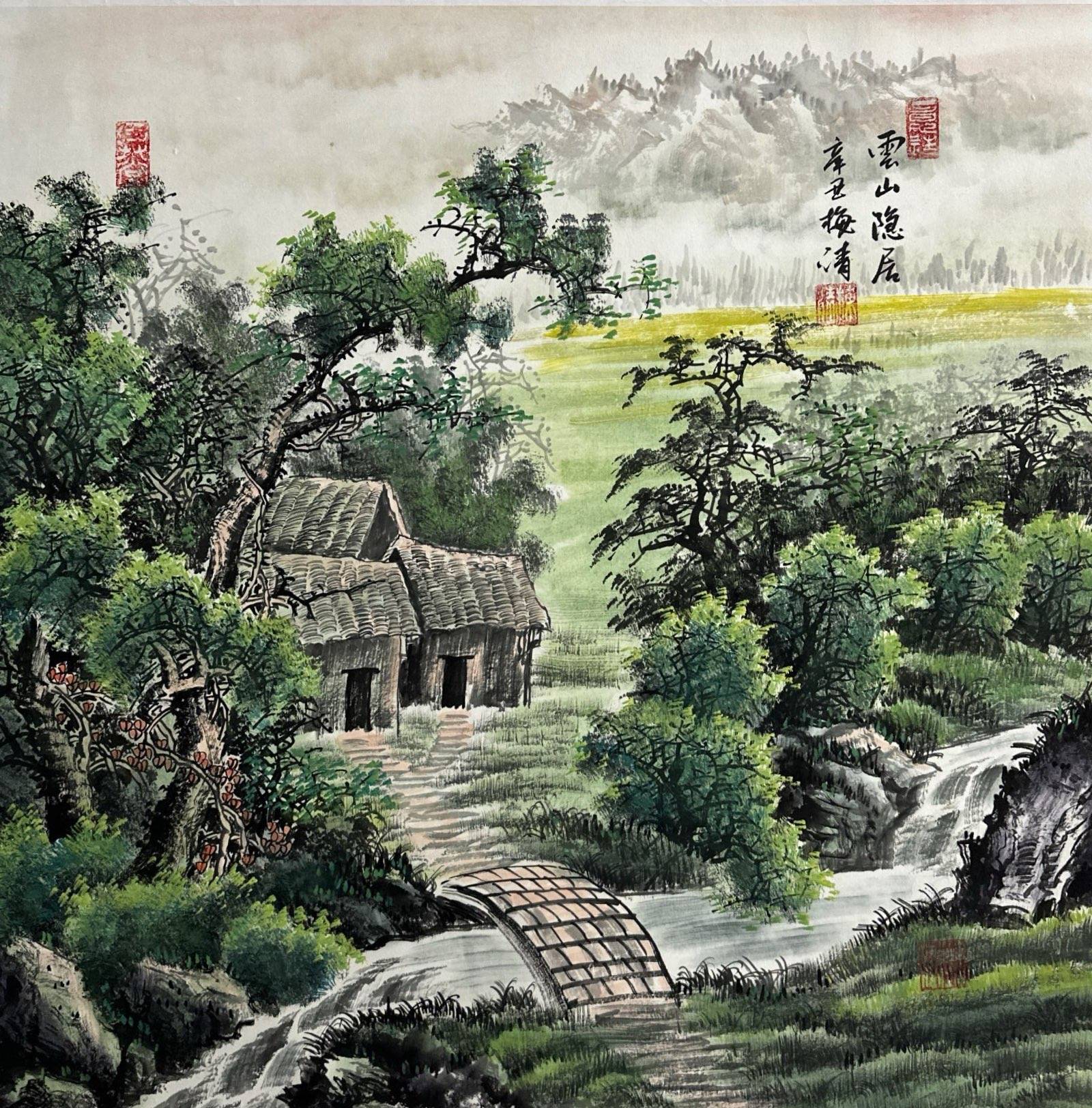 其笔下的山峰多以重墨勾勒轮廓辅以皴法强化质感山体以斧劈皴表现