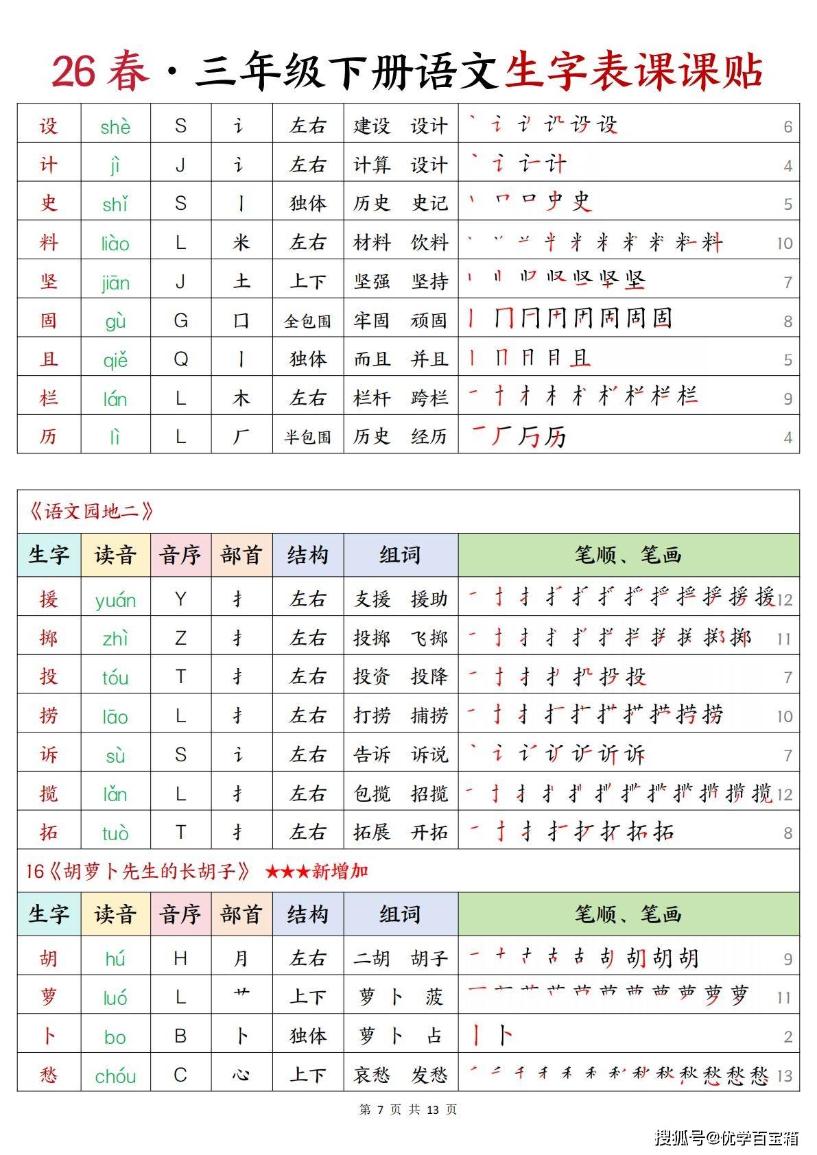 春新版三年级下册语文生字课课贴13页
