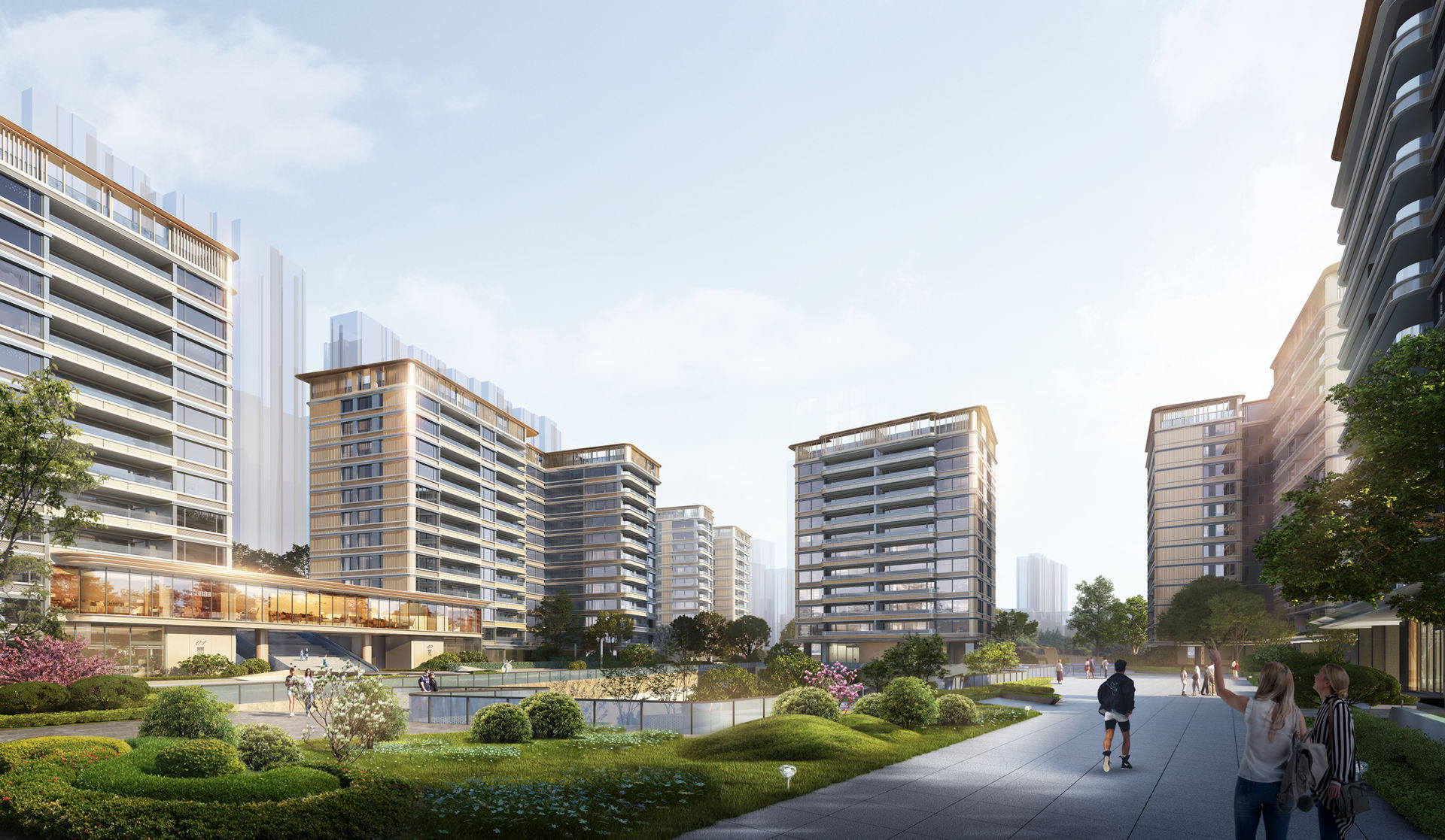 这是一张现代高层住宅小区的景观效果图。画面展示了多栋米色与深灰色相间的高层建筑，拥有大面积玻璃窗和宽敞阳台，采光极佳。底部设有架空层空间，透出温暖灯光。前景是精