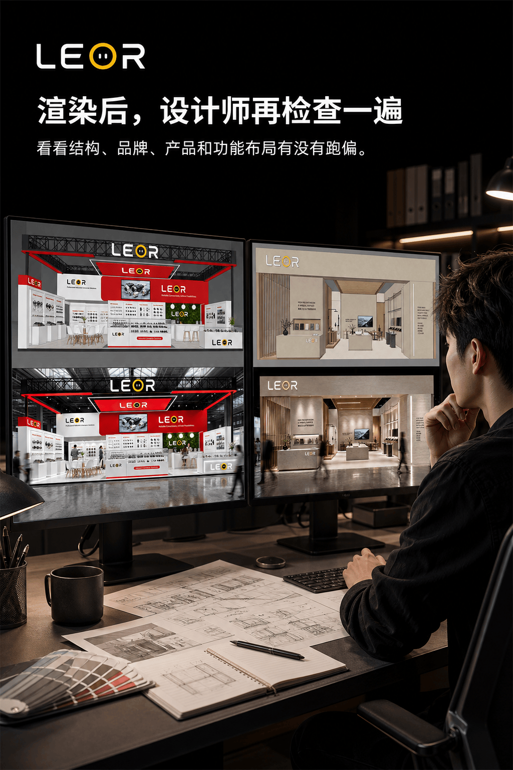 设计师对照模型检查AI渲染结果