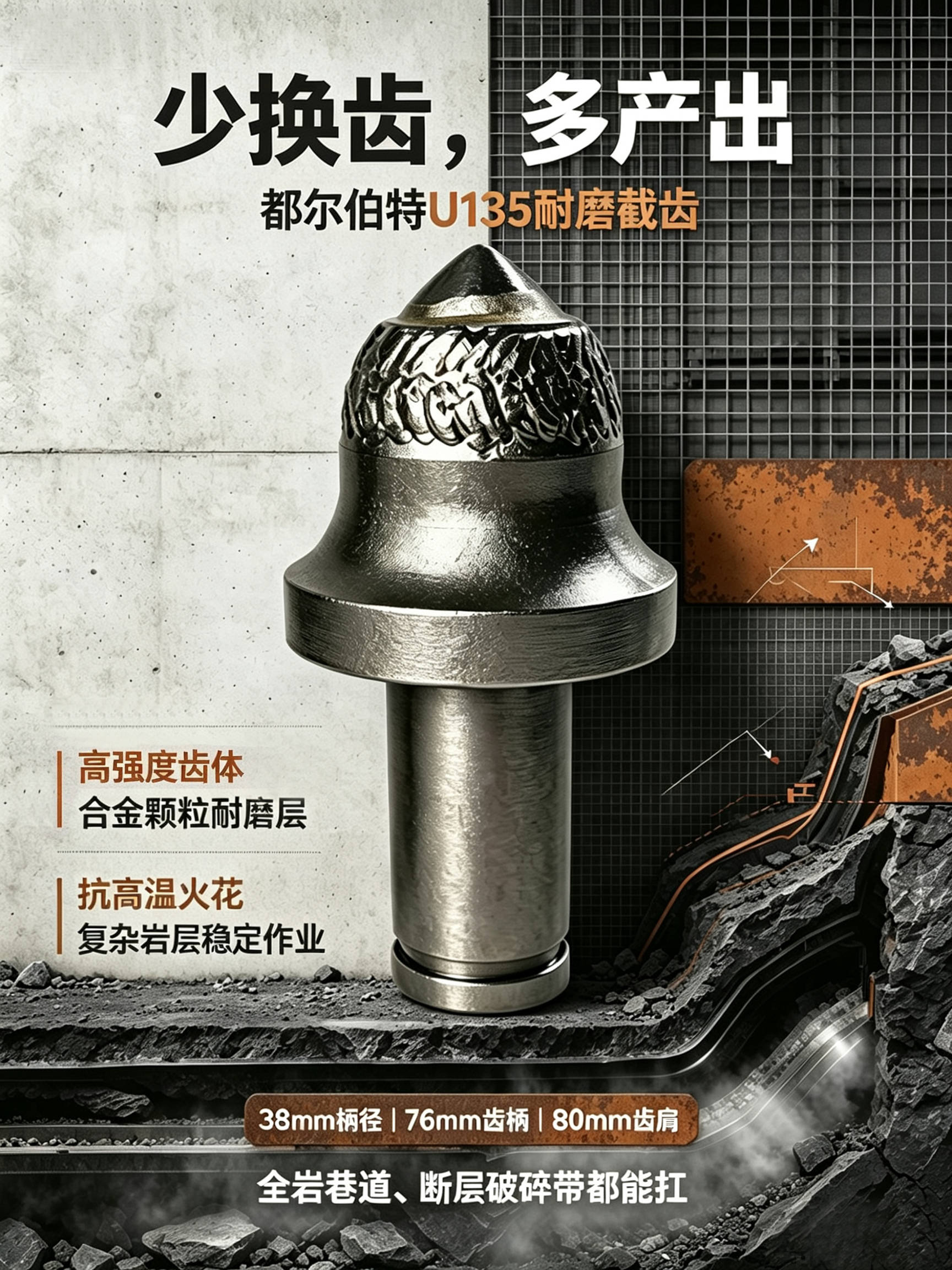 U135截齿参数说明,U135掘进机截齿,替代进口截齿