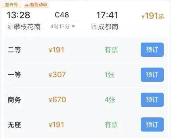 12306app截图c48攀枝花南站13:28发车,17:41直达成都南,历时4小时13