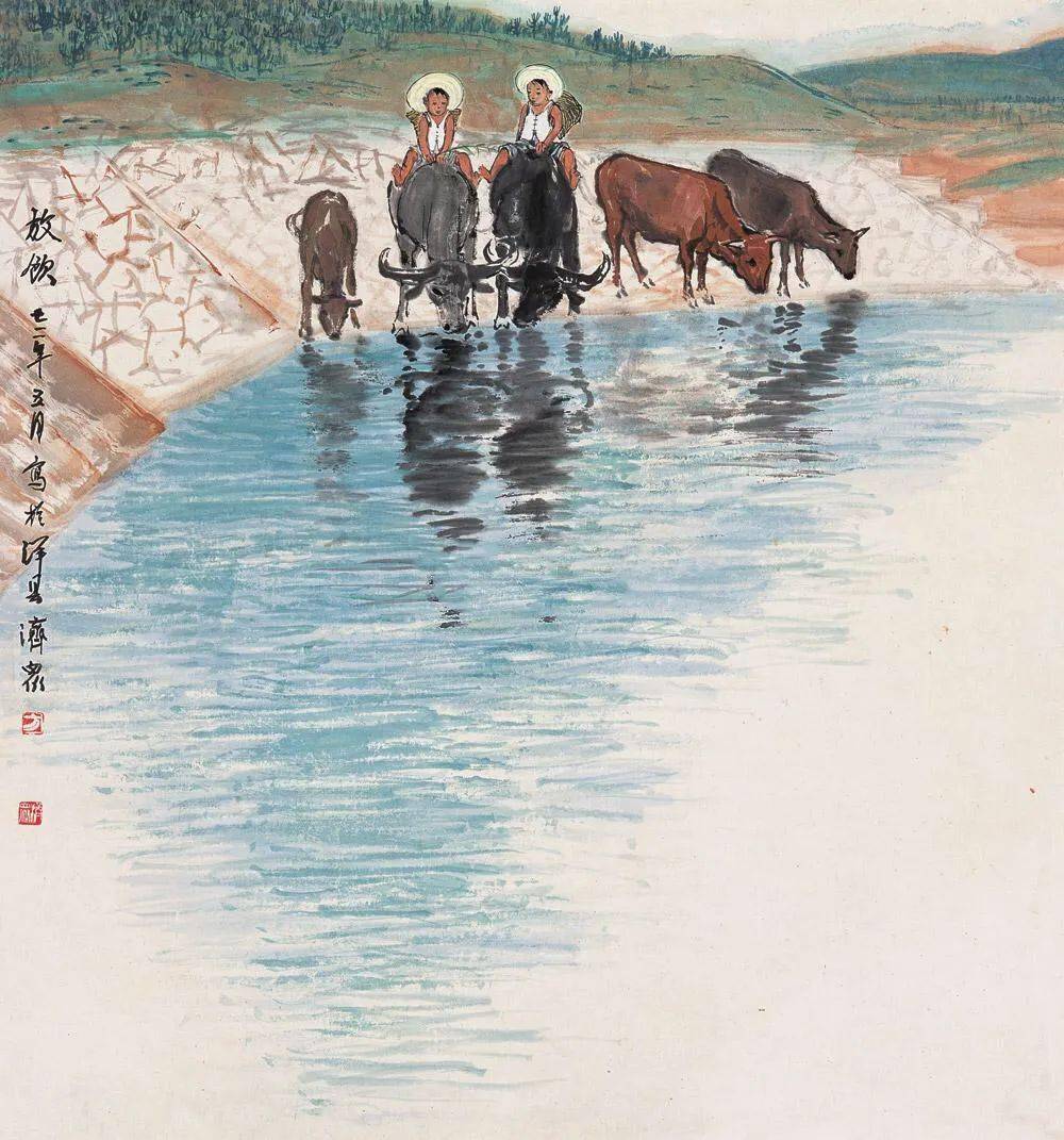 这是"长安画派"大师方济众的画,画的是乡村小学放学的一瞬间,画家以
