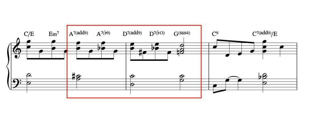 彈屬7和絃的時候記得可以搭配add9和降9音,譜例如下:彈三和絃的時候