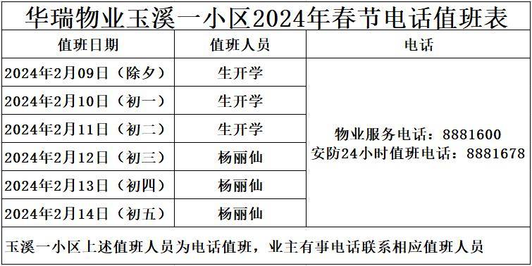 华瑞物业2024年春节值班表_小区_玉溪_小镇