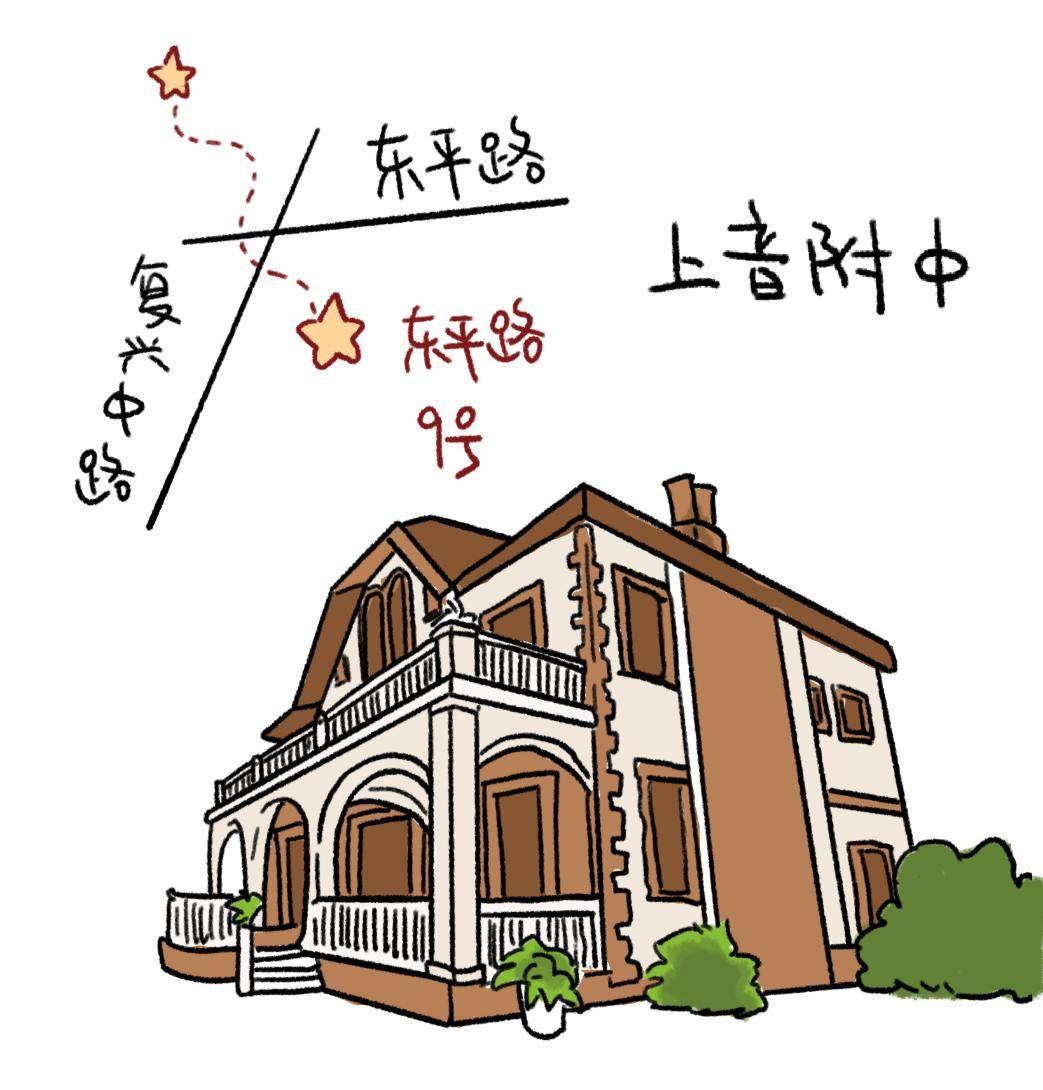 手绘图为孔祥熙故居,现为钢琴专业教学楼.