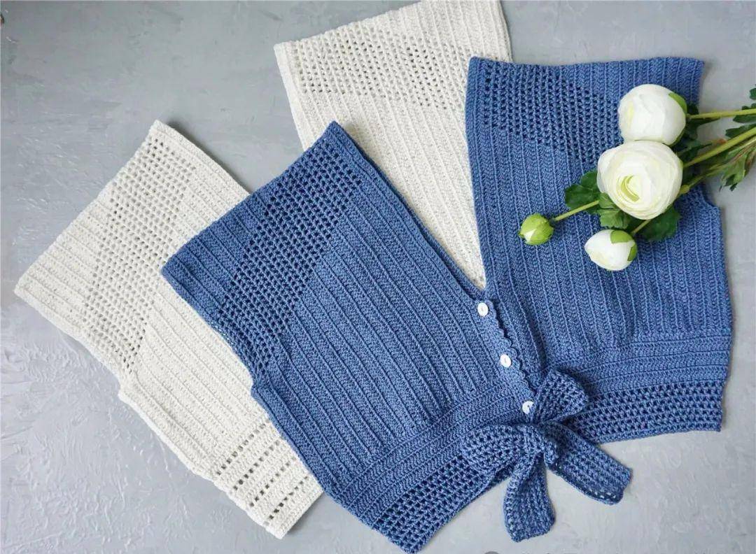 钩针编织清爽的短款小上衣,钩法简单,穿起来很好看_cm_蓝色_云清