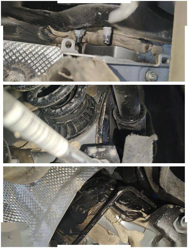 重点还是后边,可以看到,左后纵梁变形焊接,右后纵梁变形开裂,变形一直