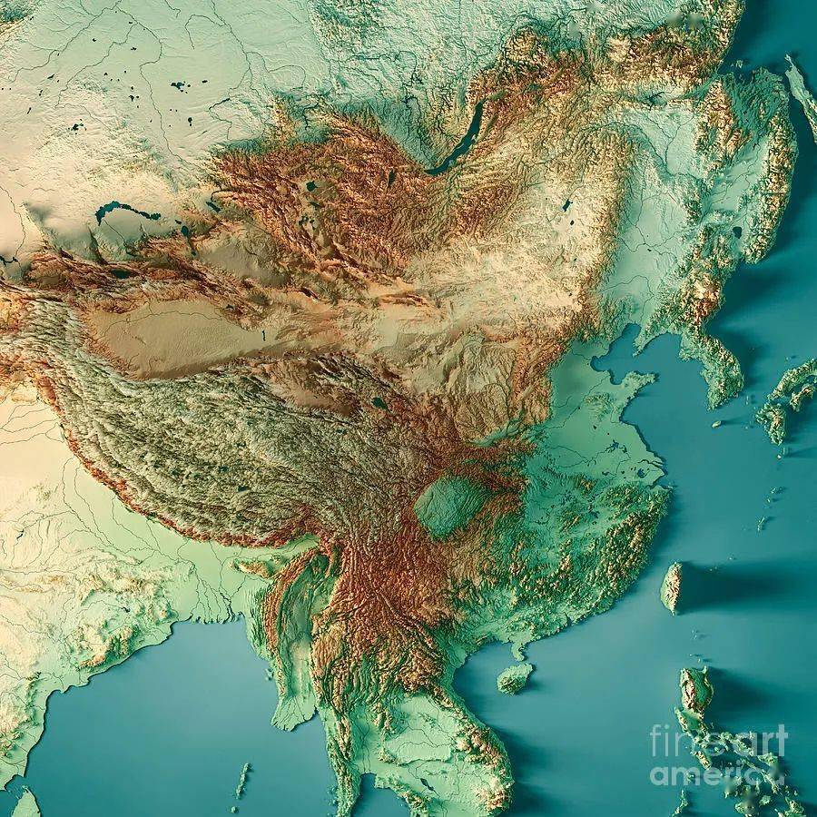 亚洲地形图彩色手绘图片