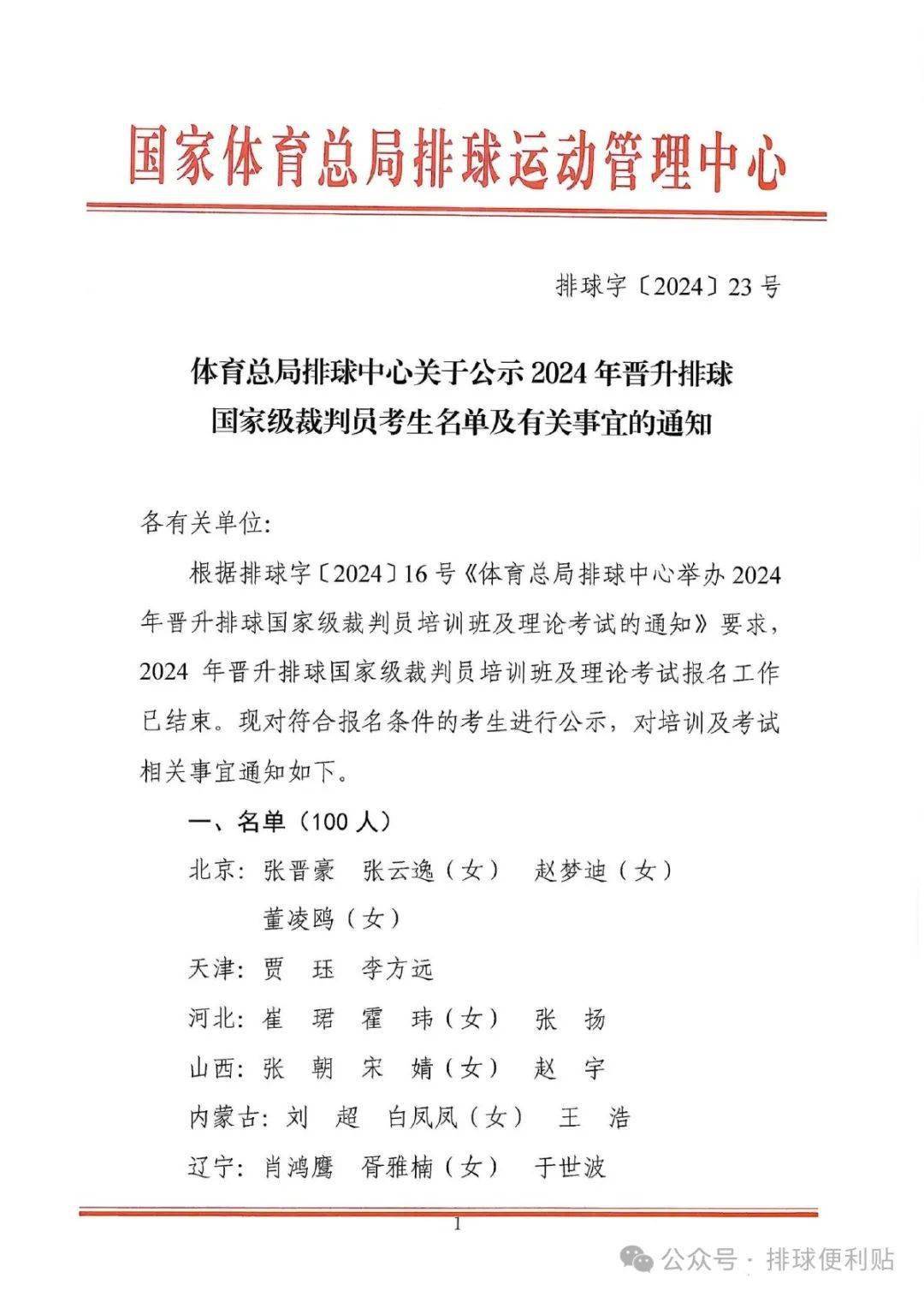 关于公示2024年晋升排球国家级裁判员考生名单及有关事宜的通知