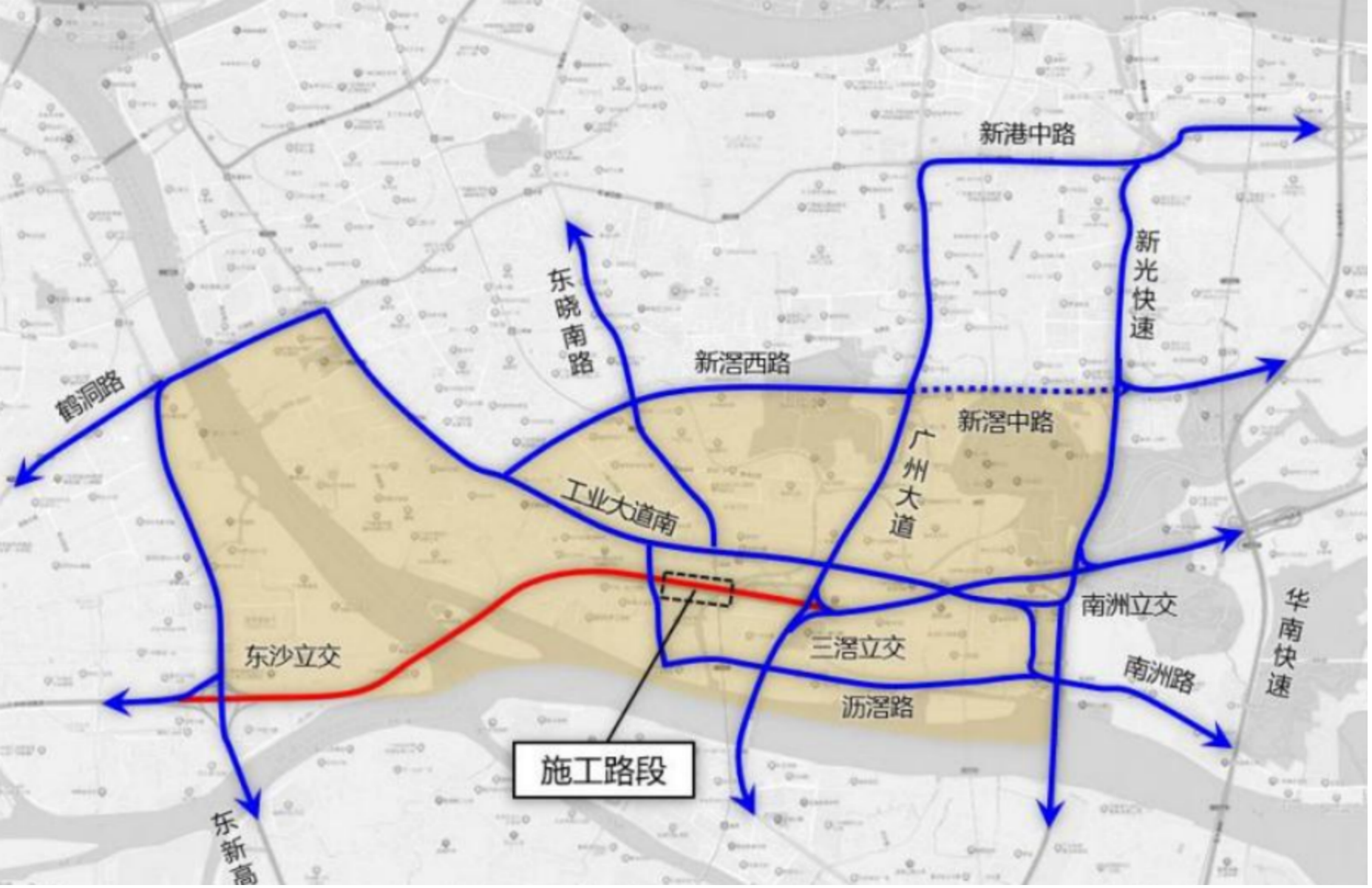 广州环城高速三滘立交段中央带将恢复施工
