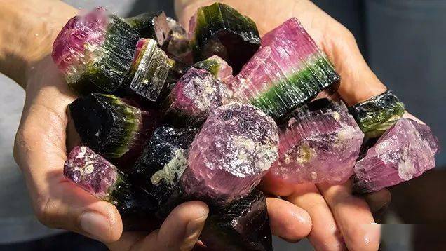 最好的西瓜碧玺是同一刀切开的两瓣西瓜一样,周边是一圈绿皮,中间是红