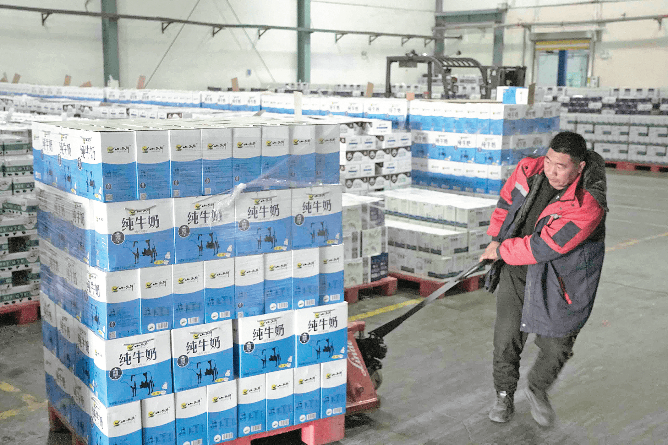 小西牛仓库里工作人员正在搬运货物.工作人员正在搬运制作完的药粒.