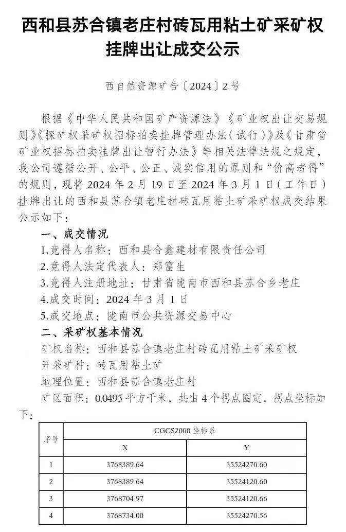 西和县苏合镇老庄村砖瓦用粘土矿采矿权挂牌出让成交公示