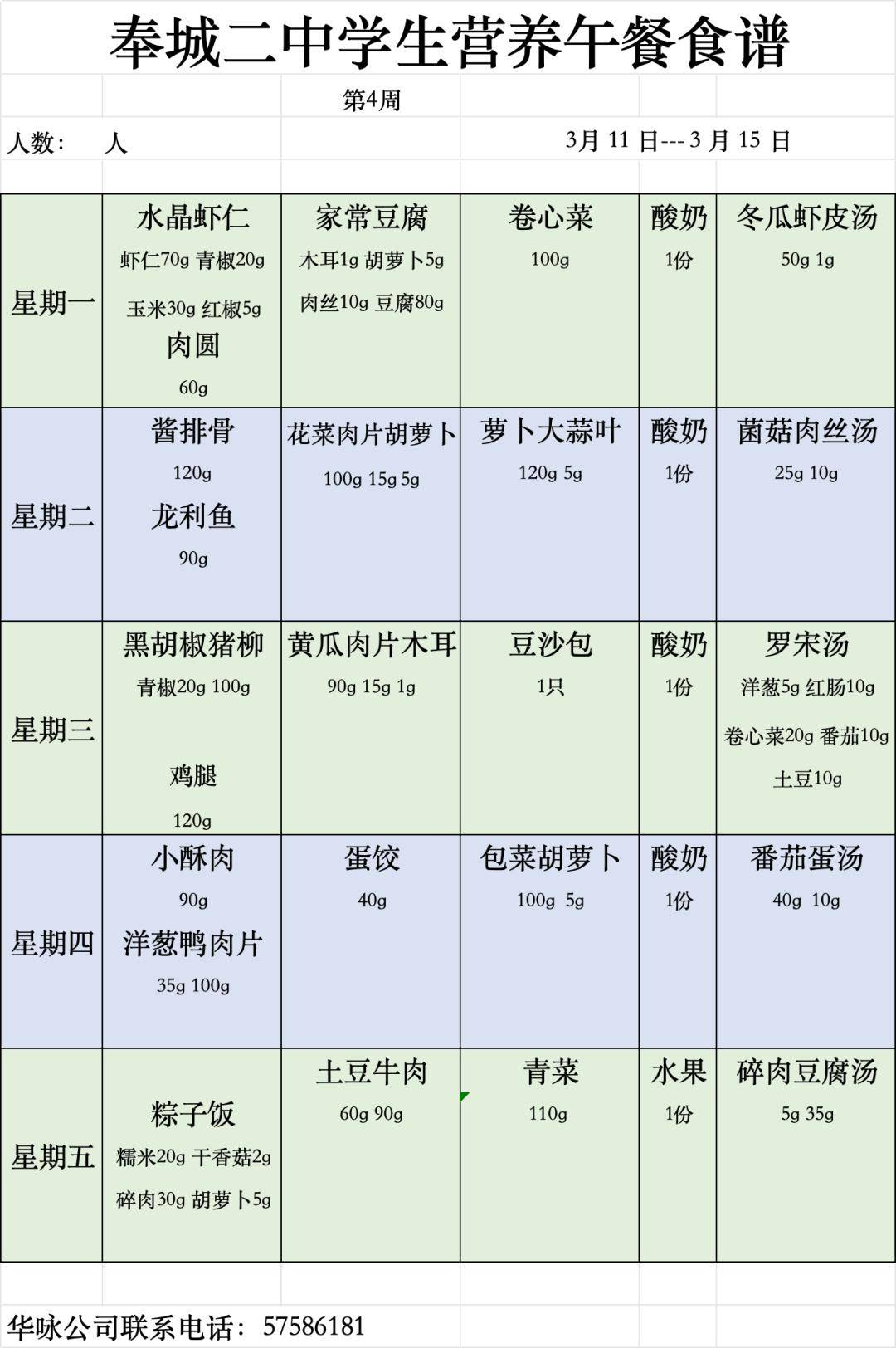 【公示】奉城第二中学第4周学生营养午餐菜单公示