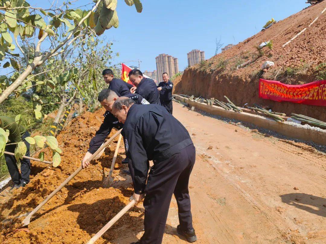 玉林公安蓝为绿色充植一起种春天