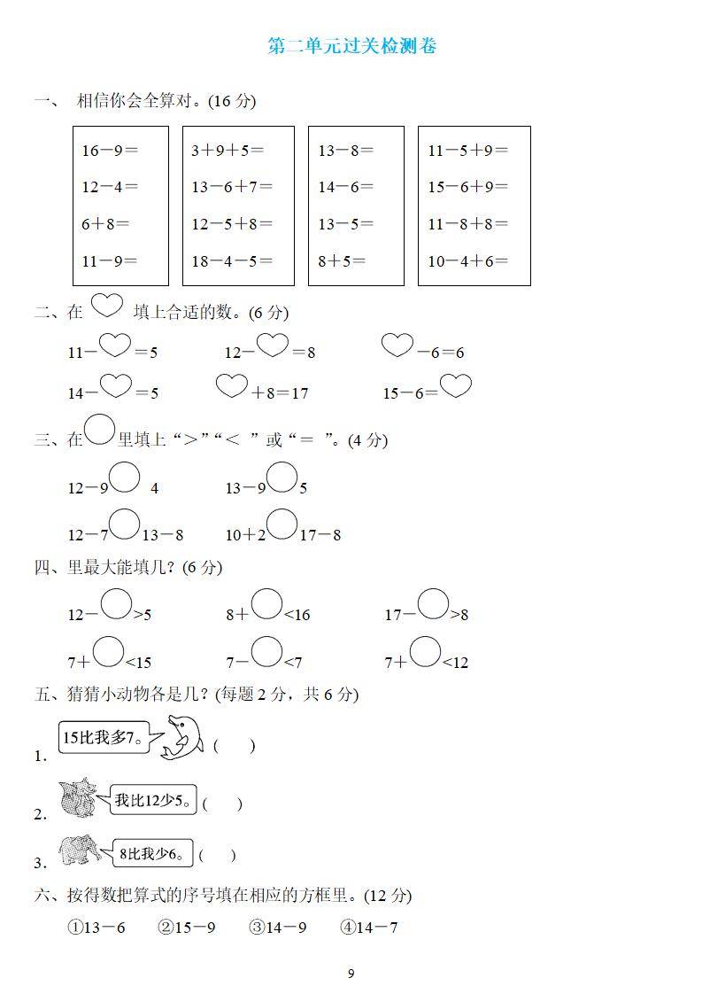 一年级数学下册:第二单元检测卷4套 答案_后台_网络_来源