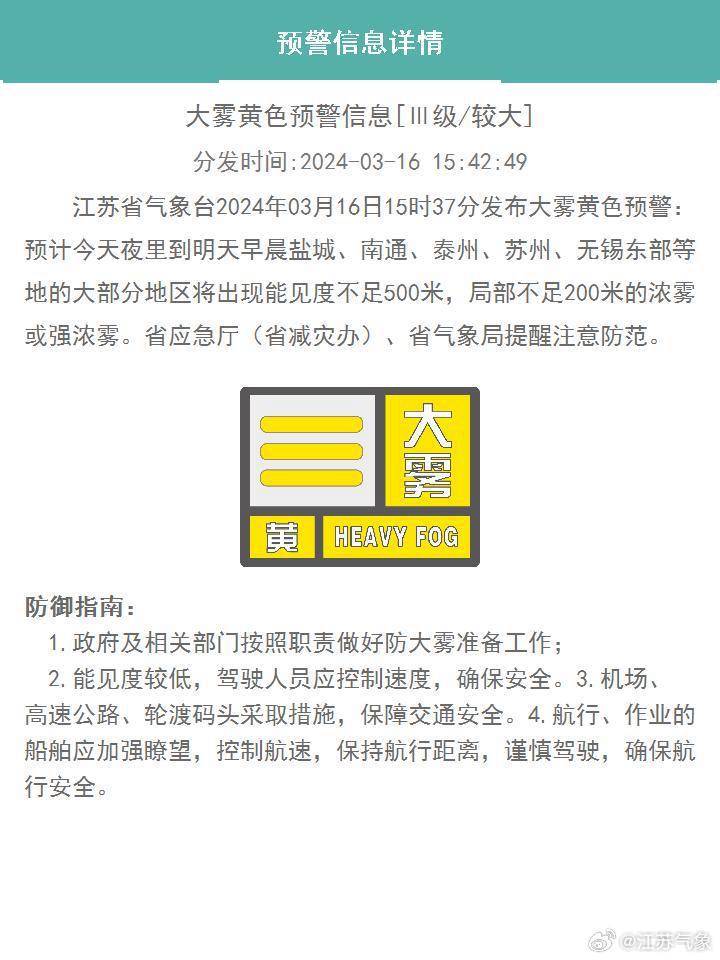 预警!今夜到明晨,南通将现浓雾或强浓雾_大雾_能见度_航行