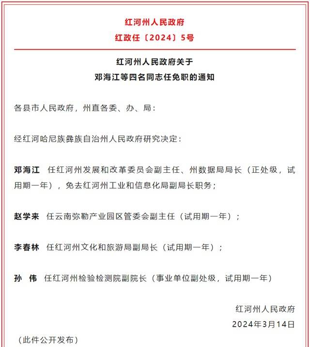 云南红河州人事任免:唐举顺任红河州人民政府副秘书长