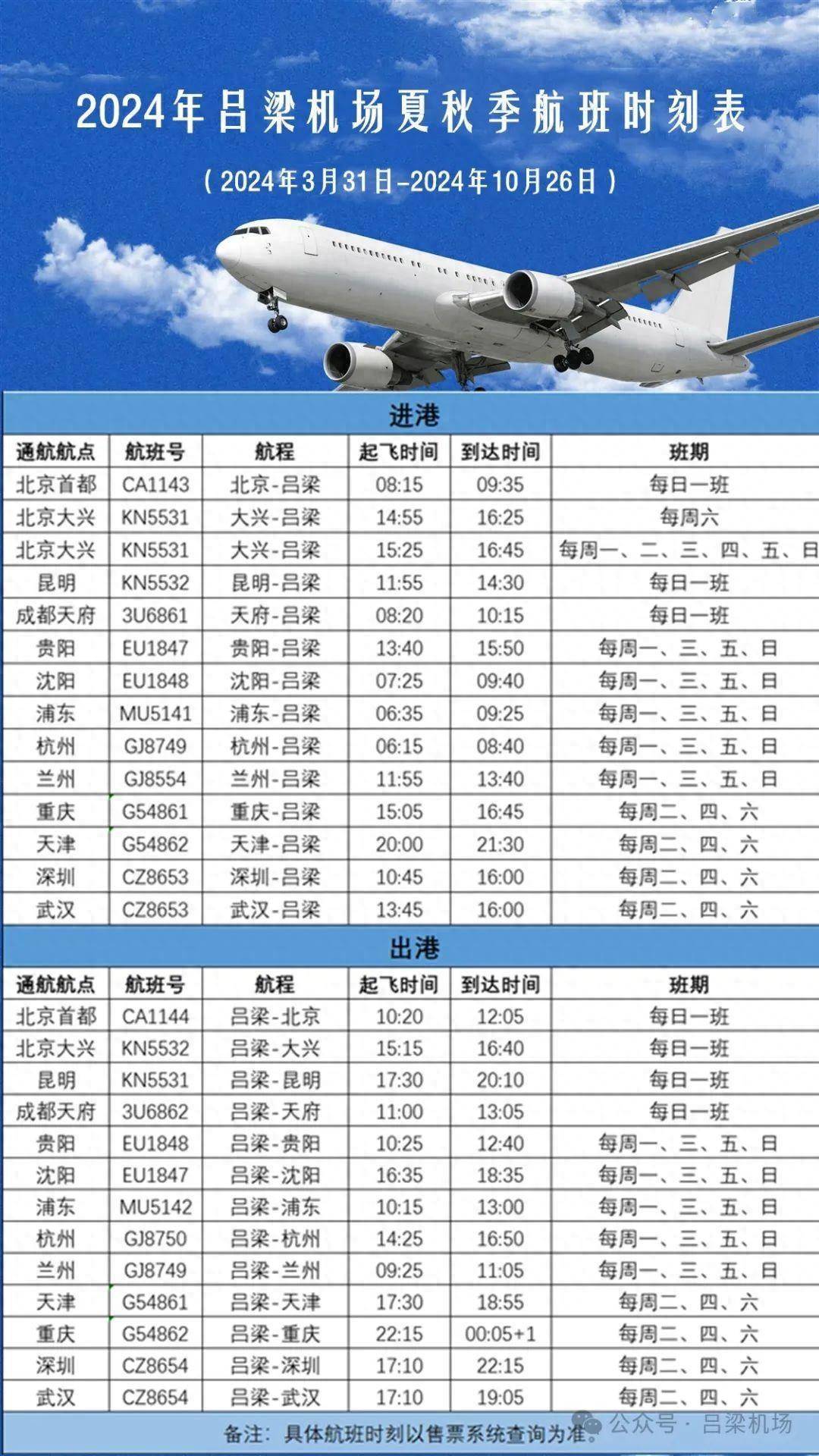 2024年吕梁机场夏秋季航班时刻表