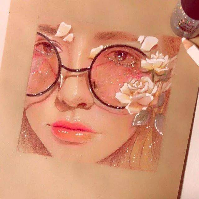 韩国彩铅手绘人物清新少女太清新太美了