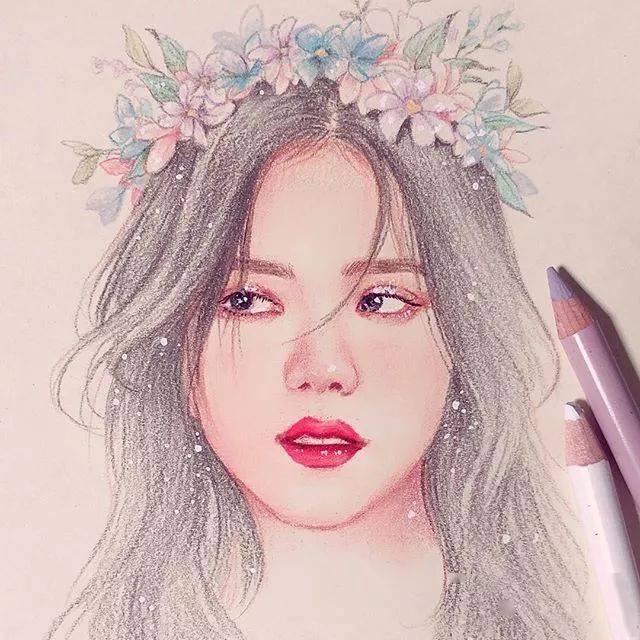 韩国彩铅手绘人物清新少女太清新太美了
