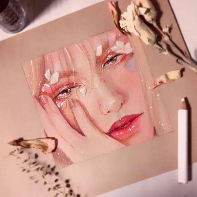 韩国彩铅手绘人物清新少女太清新太美了