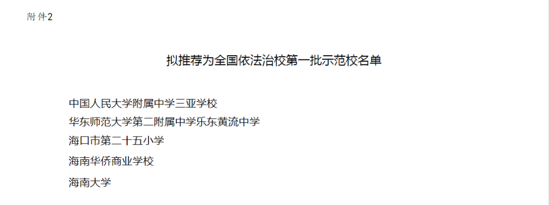 3月25日,海南省教育厅发布拟评定为海南省依法治校第一批示范校名单和
