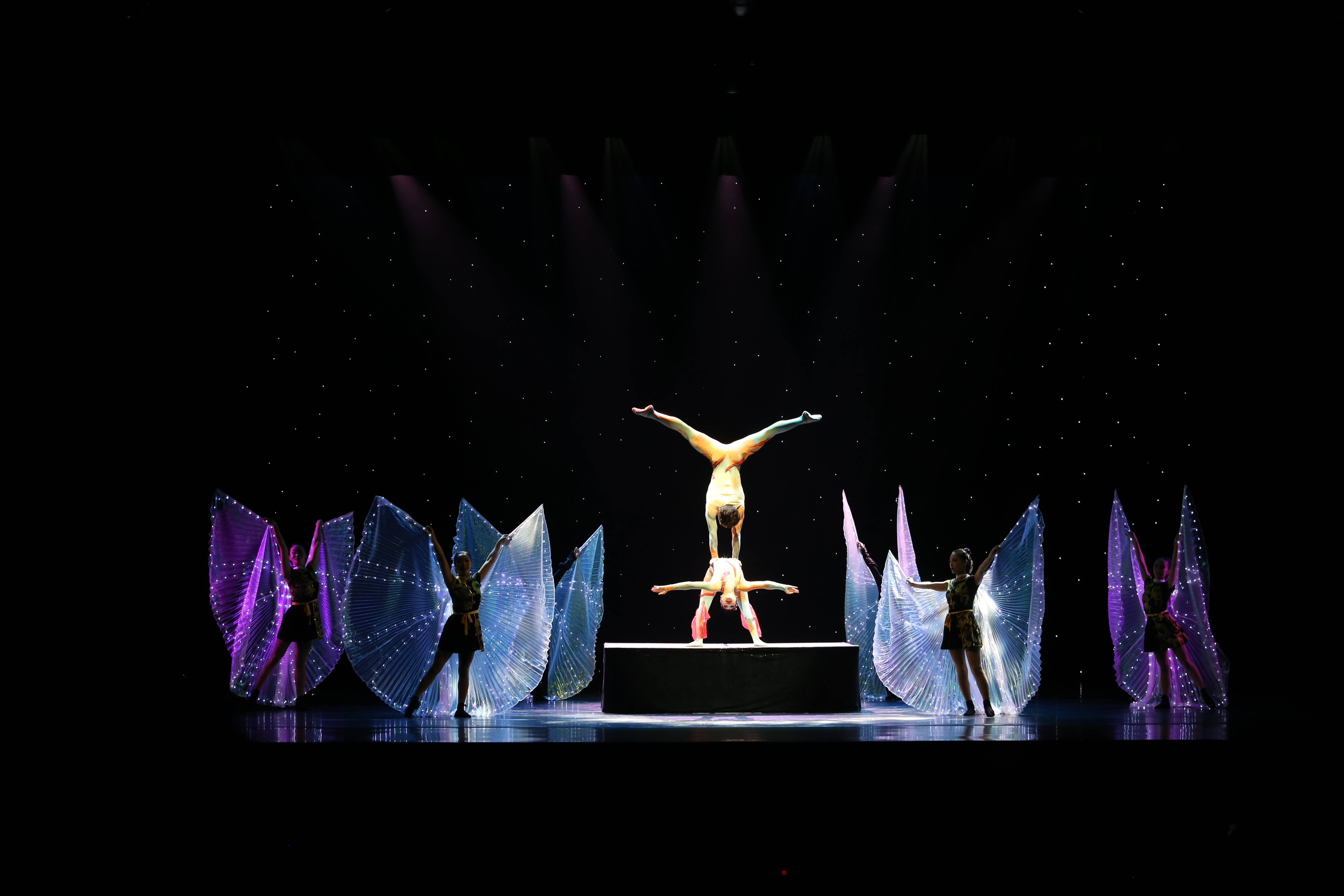 表演者身着华丽的服装,向现场观众展示了各种高难度的杂技动作,每一次