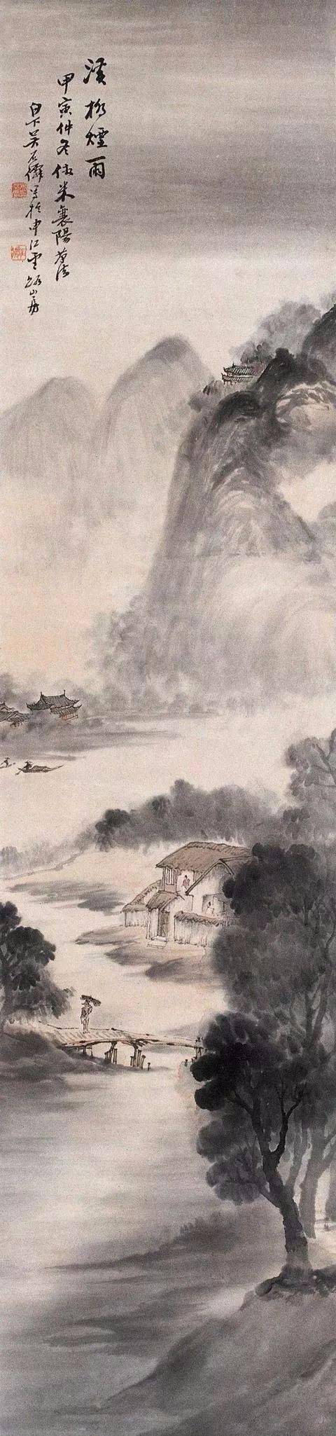 吴石仙绘画出入传统,主要有两种代表性风格:一种为烟雨楼台景致,风雨