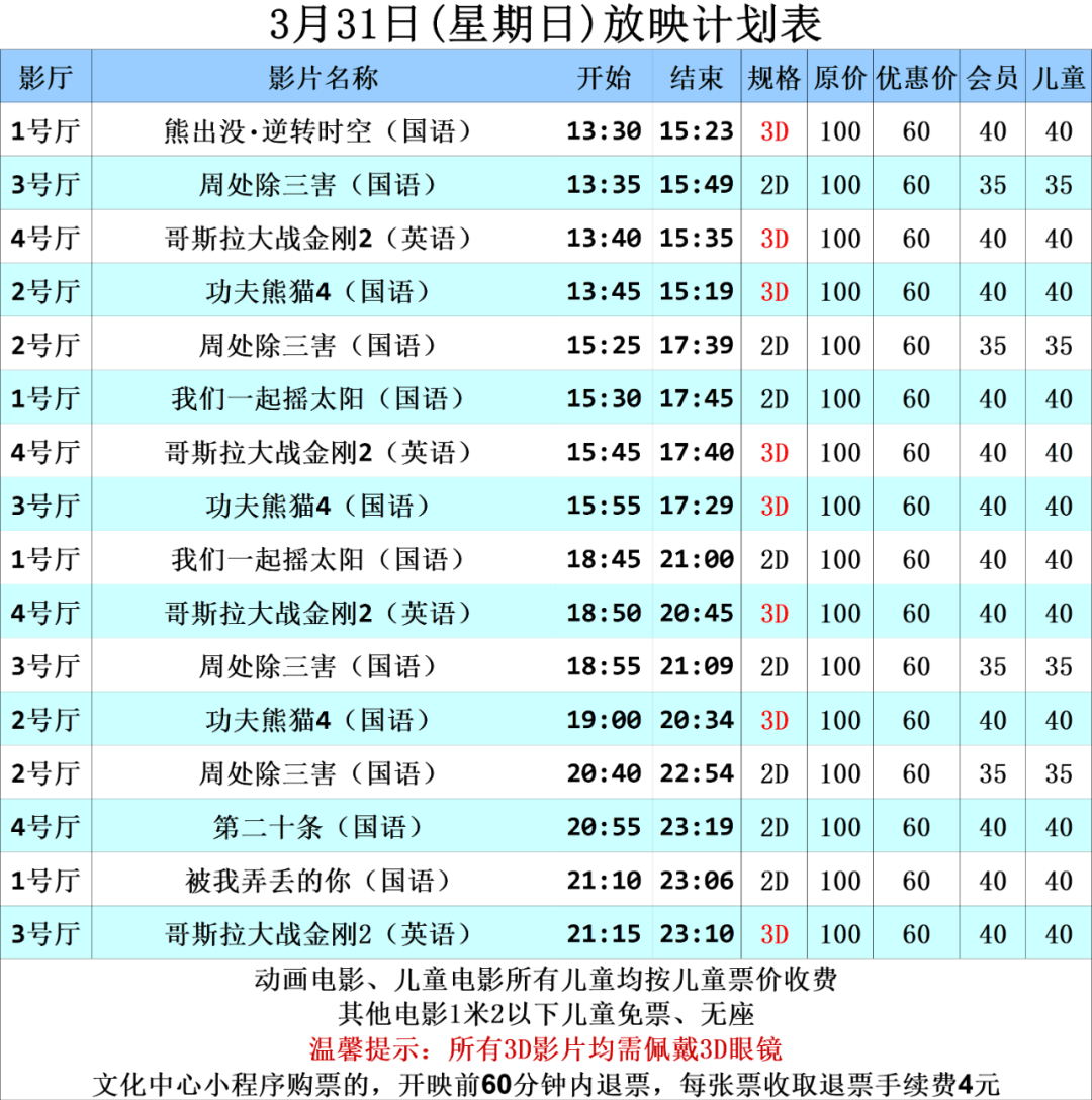 排片信息3月31日星期日放映时间