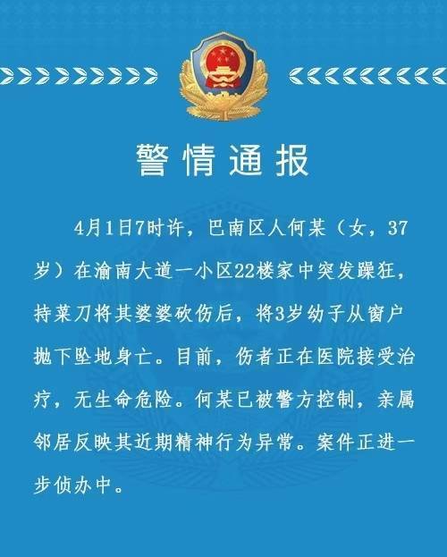 重庆巴南警方女子突发躁狂将3岁幼子从窗户抛下坠地身亡