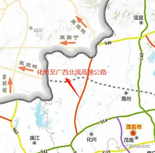 市播扬镇北侧(粤桂界)顺接北流至化州高速公路广西段,路线呈北向南