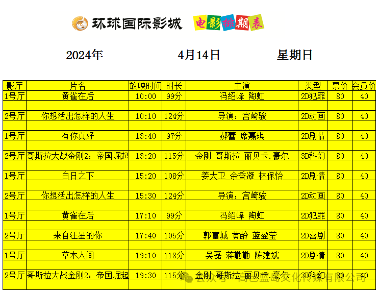 高邑环球国际影城4月14日,15日影讯