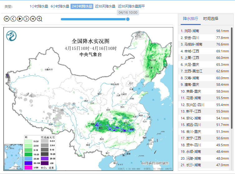 截至今日10时24小时降水量排行全国前三的区域有两个在湖南