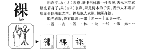 "裸"字的结构是由"衤"和"果"字组成,"衤"是一个部首,同"衣",俗称"衣字
