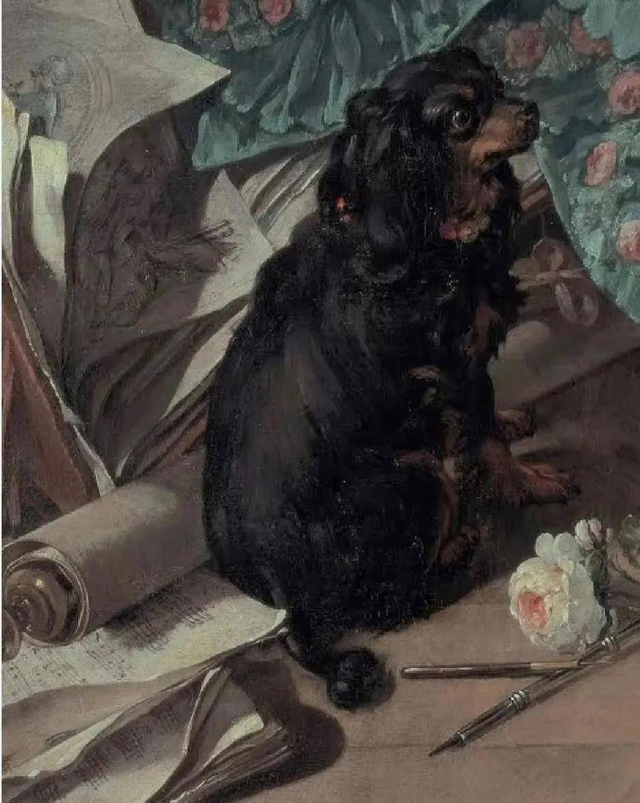 画作中蓬巴杜夫人肤色白皙,面带桃红,身着一袭华贵的裙,手里拿着一本