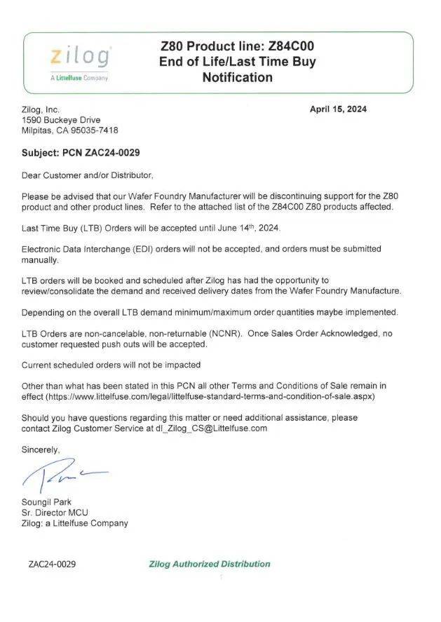 zilog 将根据客户的需求处理和安排 z80 的"最后购买"ltb 订单,而