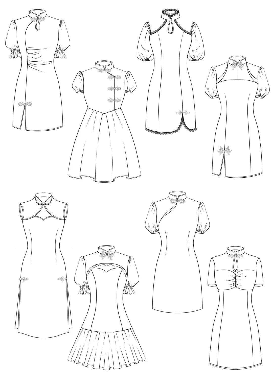 100款-新中式旗袍-平面结构款式图线稿!