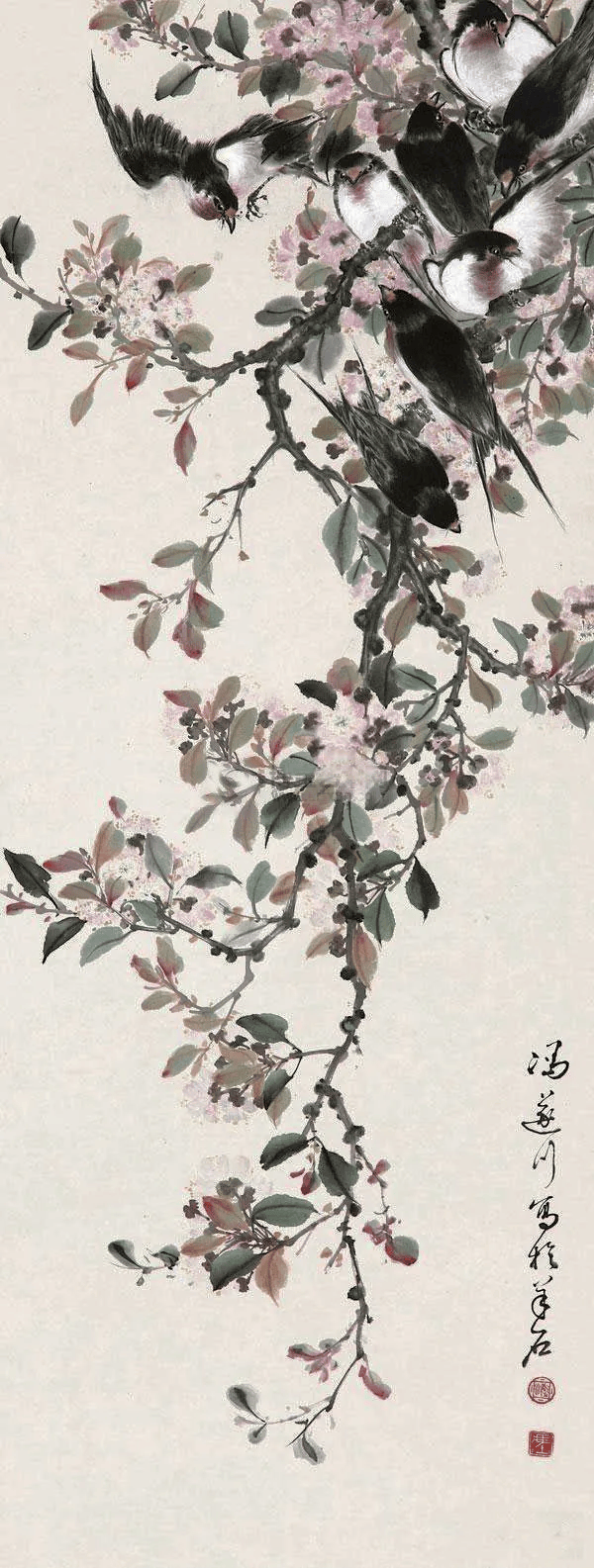 其所作花鸟苍劲有力,水墨淋漓,构图简洁,寥寥几笔,栩栩如生花鸟画