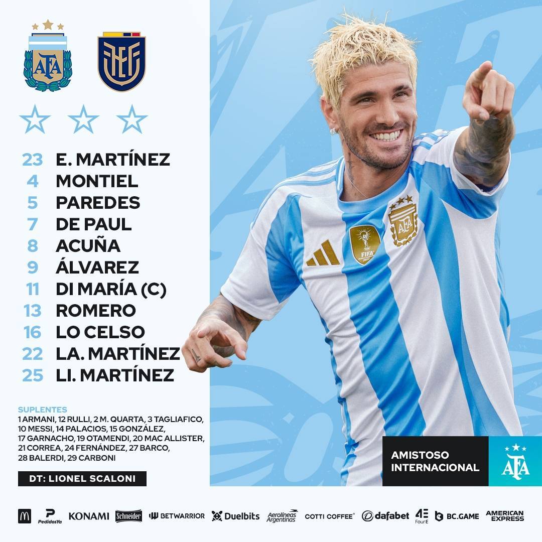 友谊赛-阿根廷vs厄瓜多尔首发：梅西替补，劳塔罗、天使先发