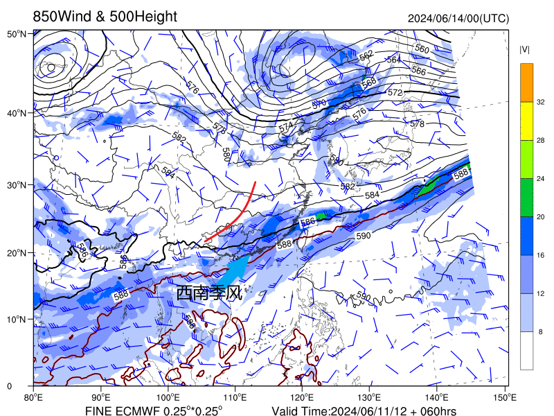 图1 6月14日08时 850hpa风场和500hpa高度场数值预报图展望16日起
