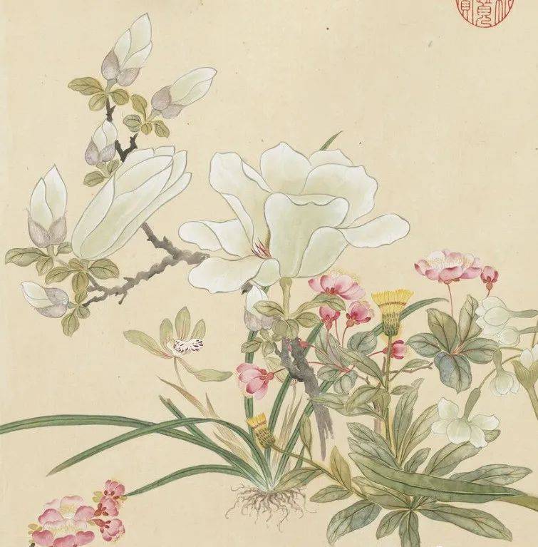 集四时花卉于一卷合绘,包括李花,梅花,水仙,月季,玫瑰,紫藤,绣球,萱花