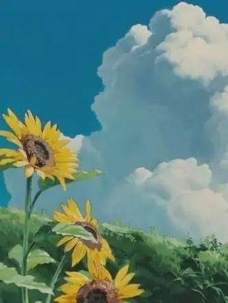 充满生机的草地,湛蓝的天空中,一团团如梦如幻的云朵,仿佛是从宫崎骏