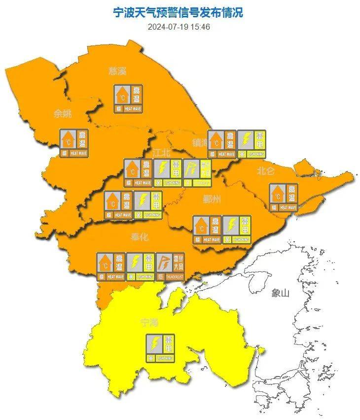 天气实况2024年7月19日8时至15时,宁波全市代表站气温最高为余姚站40.