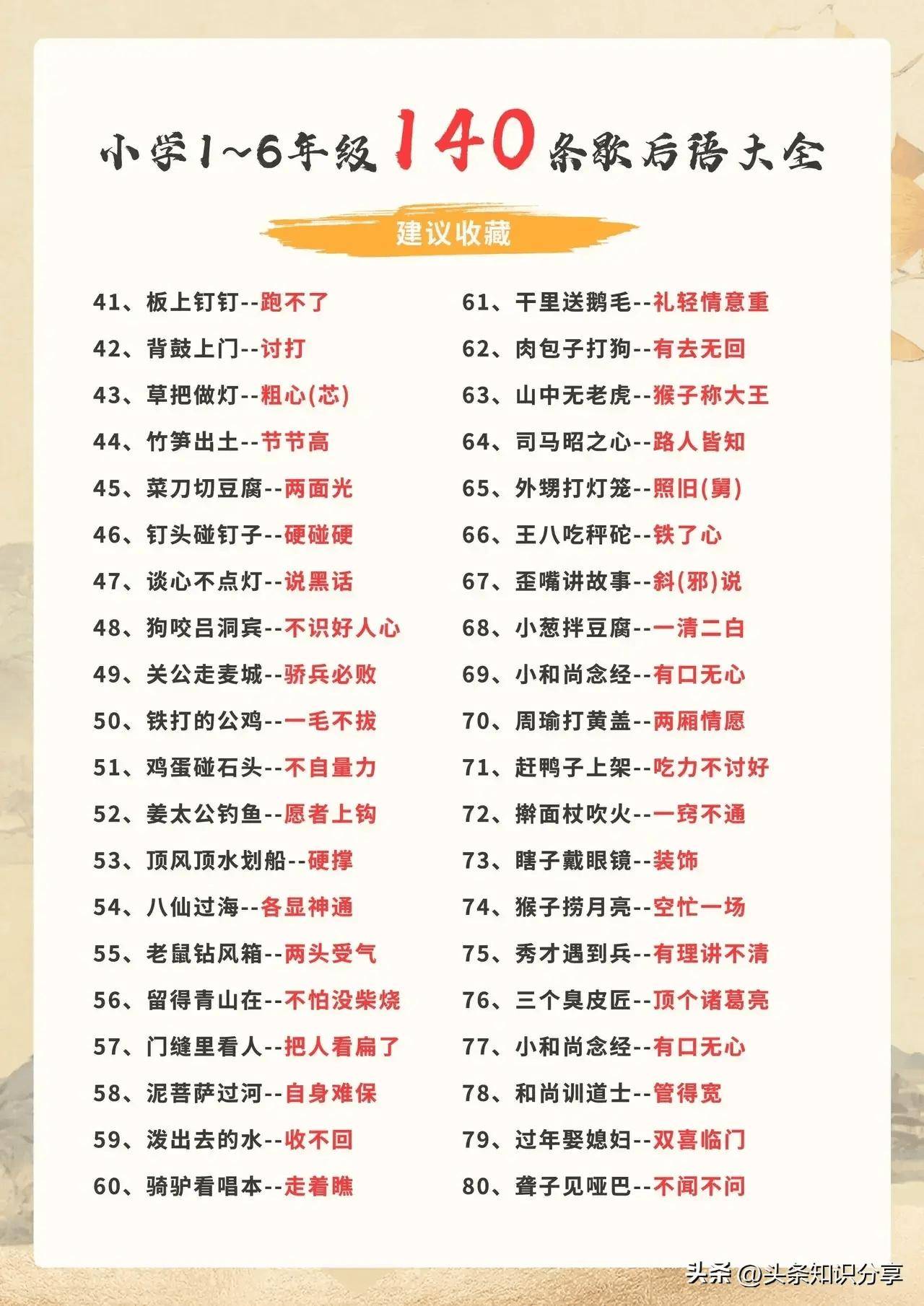 小学1~6年级140条歇后语大全,建议收藏!