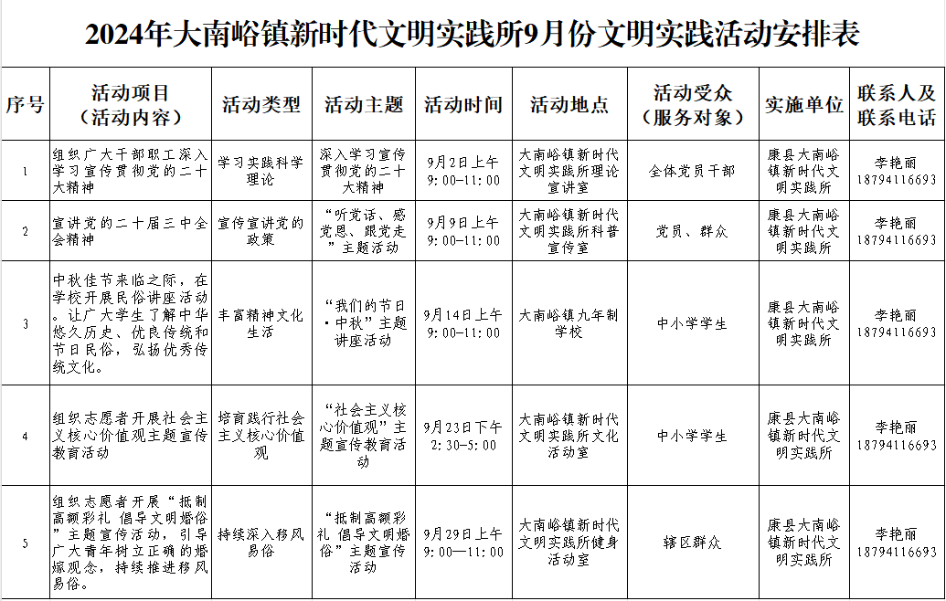 叮咚 ~ 大南峪镇9月份新时代文明实践活动安排来啦