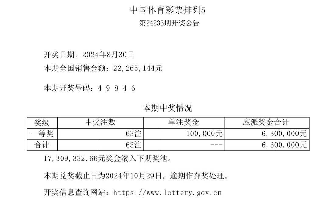 中国体育彩票8月30日开奖结果