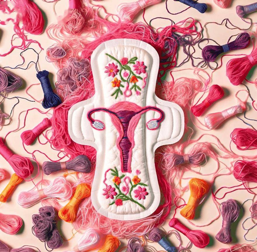 在卫生巾上刺绣,还更有创意的在卫生巾上绣了女性子宫的图案,并用各种